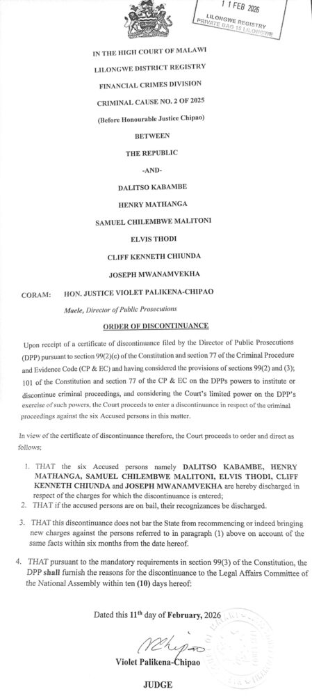 Order of Discontinous – Republic vs Dalitso Kabambe, Henry Mathanga, Samuel Chilembwe Malitoni, Elvis Thodi, Cliff Kenneth Chiunda, Joseph Mwanamvekha_0