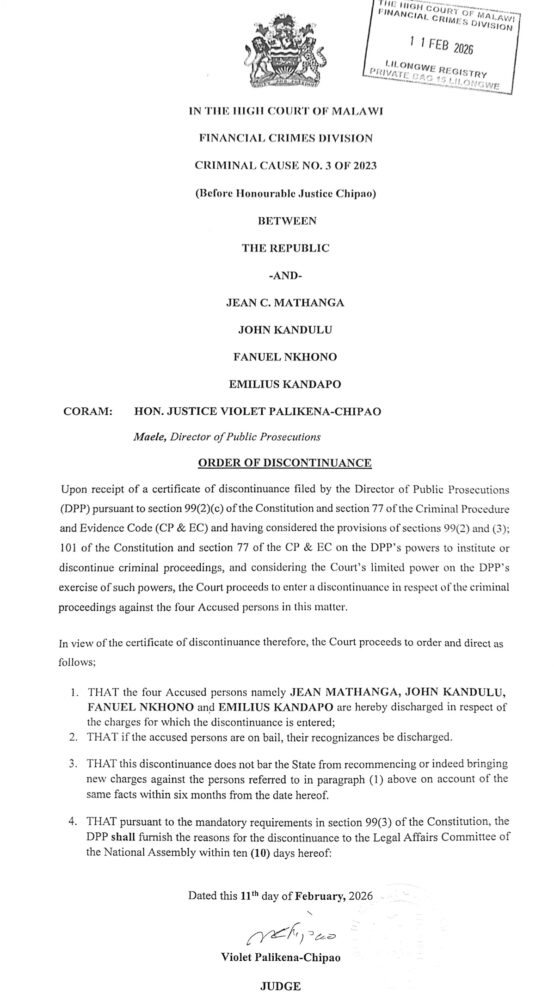 Order of Discontinous – Republic vs Jean Mathanga, John Kandulu, Fanuel Nkhono, Emilius Kandapo_0